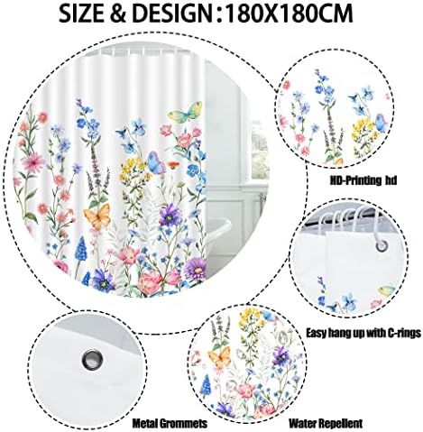 Šareni cvjetni sa cvjetni tuš s cvijećem, postrojenja za tuširanje leptira vodootporna poliesterska tuš za zavjese sa 12 kuka za kupaonicu, oprema za kupaonicu koja se može koristiti u kupaonici dekor 72 x 72