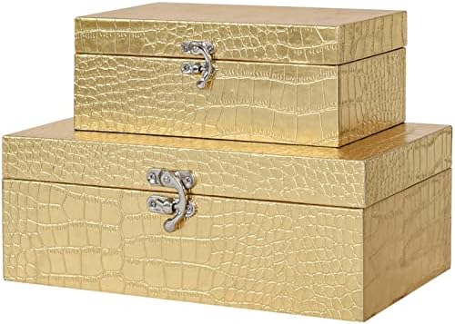 Jumbo Skromni set od 2 drvene ukrasne kutije za odlaganje gniježđenja, zlatne krokodilne kože sa kopčom za kućnu