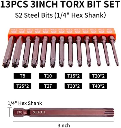 SEEKQUA 13-dijelni Torx Set odvijača, S2 čelik 1/4 inčni Set magnetnog Torx bita, T8, T10, T15, T20, T25,