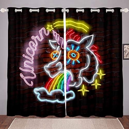 Feelyoo Duinbow Unicorn Curtains Neon Svjetla Zavjese za djecu Dječji dnevni boravak za djecu Djevojke Čarobno fantazija Jednorog prozori Crtani ukras životinja, 38 x 45 inča, 2 ploče
