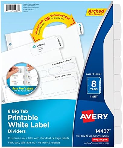 Avery Big Tab razdjelnici bijelih naljepnica za štampanje sa Easy Peel, 8 jezičaka, 1 Set