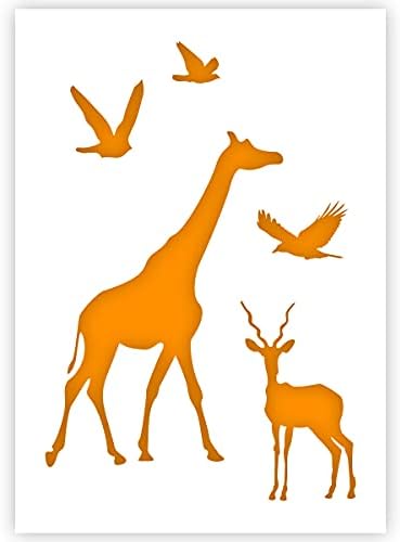 Qbix afričke životinje šablona-žirafa, divokoza, ptice - veličina A5-višekratna, Dječija šablona za