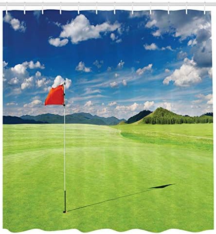 Ambesonne Sportska zavjesa za tuširanje, golf polje sa zastava u rupi Oblaci Sky Summerrtime Golf Pejzaž,