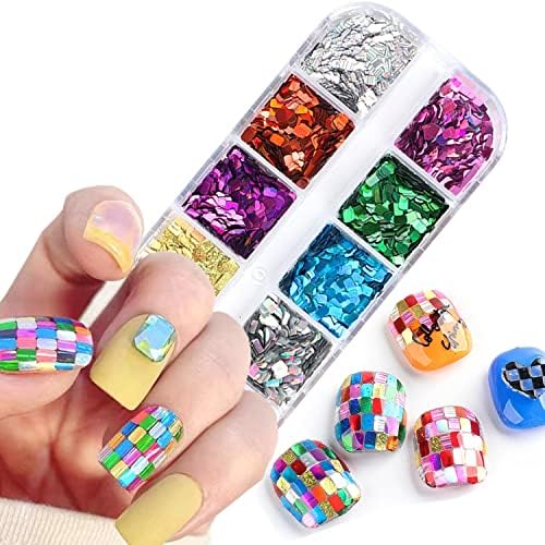 Holografski kvadratni nokti Glitter Flakes, 12 boja pravougaonik svjetlucave šljokice za nokte