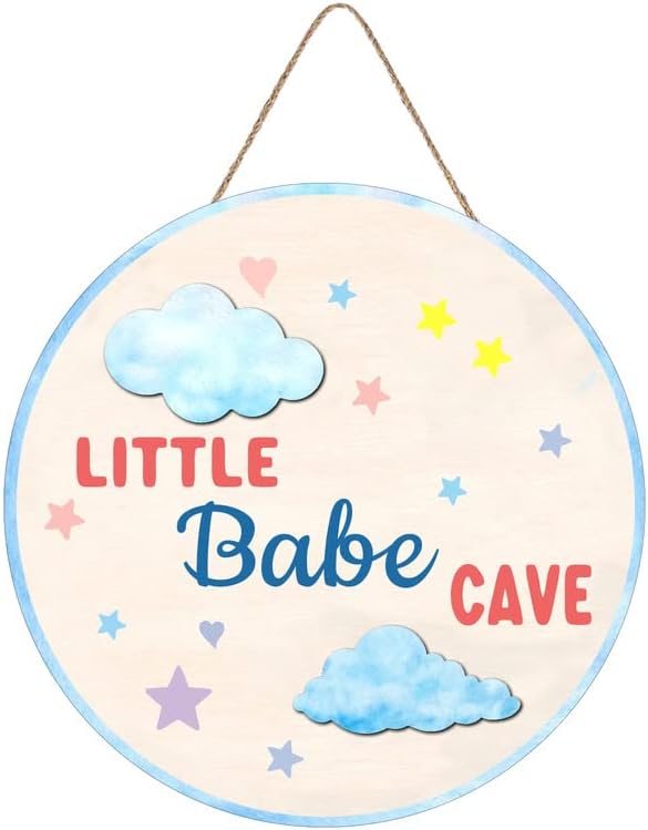 Mala beba pećinski znak plaketa zidni dekor, drveni znak za vrata dječje sobe viseći, vješalica za vrata oblaka