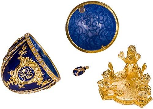 Danila-suveniri Faberge Style Egg / Trinket Jewel kutija sa lavovima i privjeskom 6,2 '' Plava