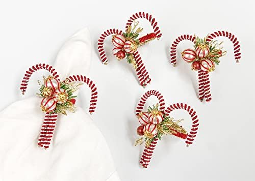 Fannco Styles ručni perlanski četkica za bocne salvete, set od 4 - crvene i bijele staklene perle držači salveta za trpezarijski stol, bankete, porodična okupljanja, zimski odmor, posebni prigode