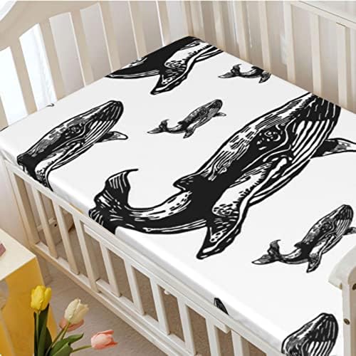 The Whale Tematsed krevetić, standardni madrac krevetića ugrađeni list meki i prozračni posteljina za bebe krevetića za djevojčicu ili dječak, 28 x52, bijela crna
