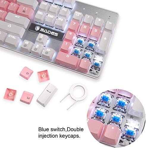 Sades Mehanički tastatura, plavi prekidači 104 tipke Mehanička igračka tastatura, ožičeni USB bijeli