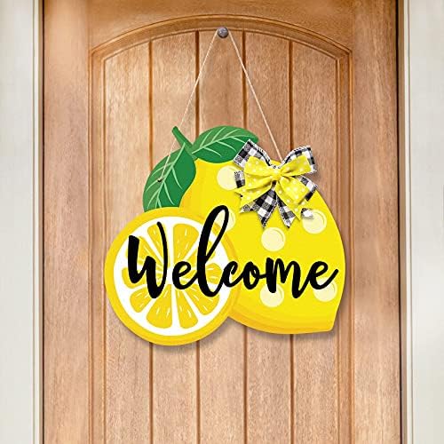 Huray Rayho Lemon znak za vrata dobrodošlice ljetna seoska kuća drvena vješalica za ulazna vrata, 13.7x12.5 svježi limun sa žutim crno bijelim Bivolom kariranim lukom, ideje za ljetne poklone Za roditelje, prijatelje, učitelje