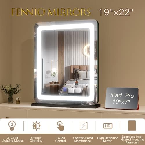 FENNIO toaletno ogledalo sa svetlima 19x22 - ogledalo za šminkanje sa LED osvetljenjem, veliko ogledalo za šminkanje sa svetlima, ekran osetljiv na dodir sa osvetljenjem u 3 boje, 5x uvećanje, zatamnjenje, za stolni sto, spavaću sobu