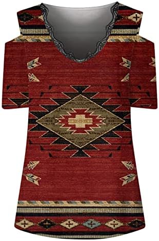 Ljetni vrhovi za žene, plus veličine smiješno vintage etničko aztec Ispiši casual s ramena majica V-izrez kratki