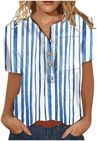 Ženske ljetne bluze casual okrugli vrat Stripe s kratkim rukavima s majicama niz džep