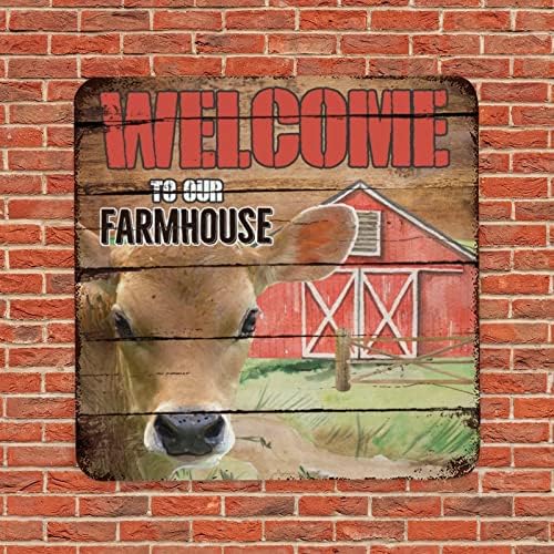 Vintage Metal Tin znak RUSTIC WOOD Zrno Dobrodošli na našu farmu seoski životinje krava i barnska