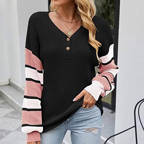 Džemper za ženske modne prugaste dugih rukava pulover pleteno pleteno dugme gore ud V-izrez pletene ružičaste džempere