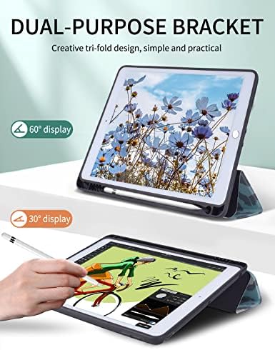 VOZEHUI 10,2 inčni Cvjetni kompatibilan sa iPadom 9. / 8. / 7. generacijskim kućištem 10,2 inča, slatka leopard Ispis Cvijeće kolaža sa držačem za olovke i automatsko buđenje / spavanje za iPad 10,2 inča