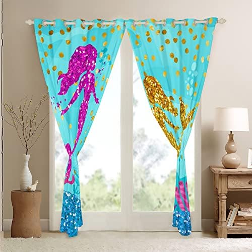 Mermaid Curtains Blue Cratne zavjese 104 X96 za djecu, užarene nautičke morske zavjese i zavjese morskog vijeka za zavjese za zavjese akvarij, pastel ružičasta žuta teal