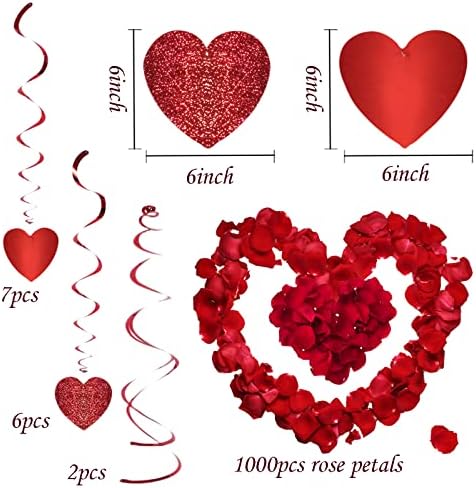 Dnevne dekoracije za Valentine, zaljubljeni ukrasi za njega i njene, sretan dan zaljubljenih za Valentine sa sjajnim sjajnim crvenim srcem visećim kočnicama, 1000pcs latice ruže umjetne cvijeće latice