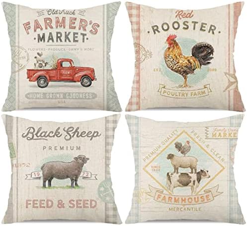 Faromilirana vintage seoska kuća na životinjama na životinjama 18x18 set od 4 retro farmerovog tržišta kamion pijetao se sjeme za hranu premium premium peradarske farme Početna Décor bacanje jastuk za kavu za kauč na kauču