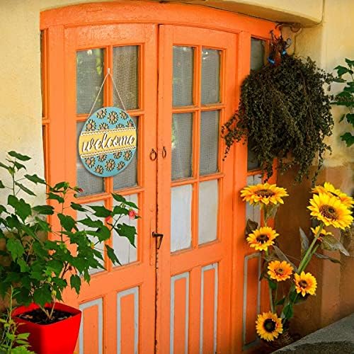 Seoska kuća 3D Suncokret Dobrodošli na krajnji kraj vrata, vintage ljetni drveni dekor vrata, rustikalni isklesani Hello Wall visi za vrtove na vrtnom uređenju