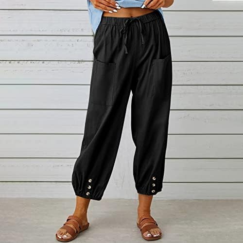 Sunyuan elastični vezati struk ženske pačene pamučne pamučne i posteljine devete pantalone sa džepovima Ljeto