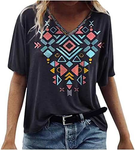 Ženske ljetne Boho kratke rukave majice Casual etnički stil grafički Print Comfy V izrez majice