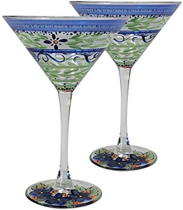 GOLDEN HILL STUDIO ručno oslikane martini staklama set od 2 - Barcelona Blue Collection - ručno oslikane staklene posuđe američkim izvođačima - jedinstvene i ukrasne martini naočale, kuhinjski stol dekor