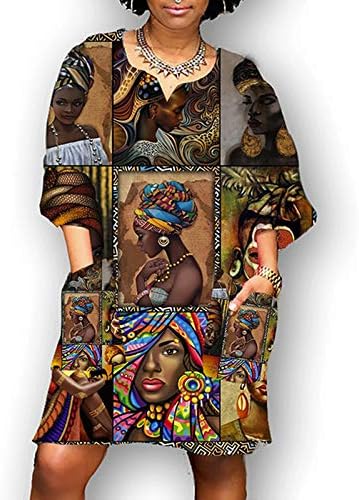Moda Afričke Haljine Vintage Uzorak Print Haljine Za Žene Srednji Rukav V Izrez Casual Loose