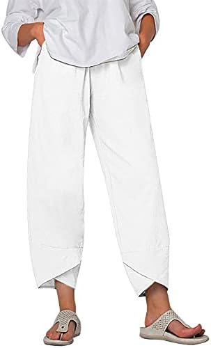 Capri pantalone za žene Pamučne posteljine široke noge Capris ženske ljetne obrezane hlače plaže elastične struke