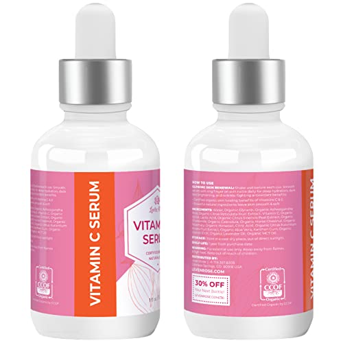 USDA organski Serum vitamina C Leven Rose, Serum protiv starenja za lice, Vitamin C za lice i serum za posvjetljivanje,
