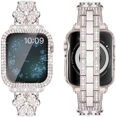 BLING Clover Band i futrola za 45 mm Apple Watch Band Series 7 8, sjajna slatka metalna narukvica i poklopac sa zaštitnikom za zaslon za žene, modni tanki luksuzni dijamantski opseg za iWatch seriju 8 7-starlight