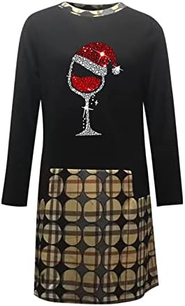 Ruziyoog Dugi rukav tunika haljina za žene Božić trendi crveno vino staklo grafički haljina boja blok