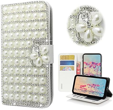 STENES LG K30 Case-STYLISH - 3D Handmade Bling Crystal Pearl Lattice Flowers Wallet Slotovi za kreditne kartice Fold Stand kožna futrola za LG K30 / LG K10 2018 / LG Premier Pro - White