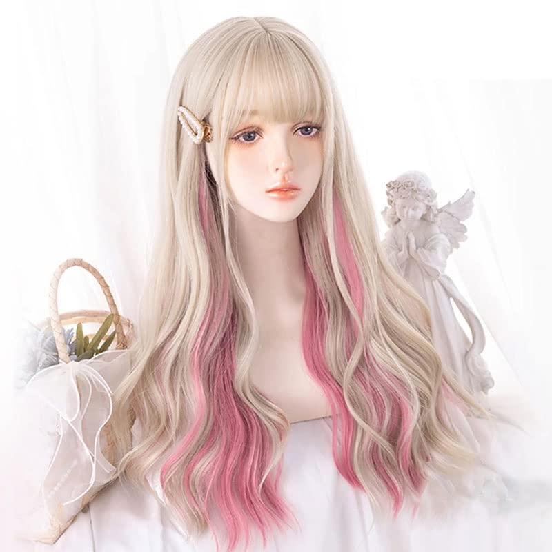 Yfqhdd duga valovita kosa plava Highlight Pink sintetičke Lolita perike sa šiškama za žene modni ženski