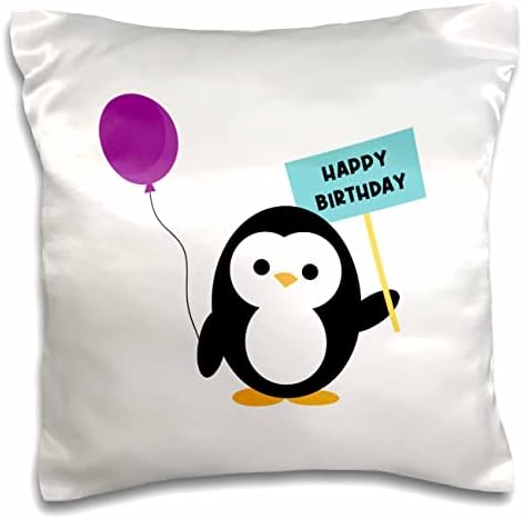 3drose pingvin ljubičastom igračkom balonom i baneru sretan rođendan - jastučni slučajevi