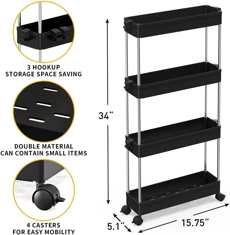 GENIGW 4 Tier Slim mobile storage cart Rack Storage Basket za kupatilo veš usko mjesto