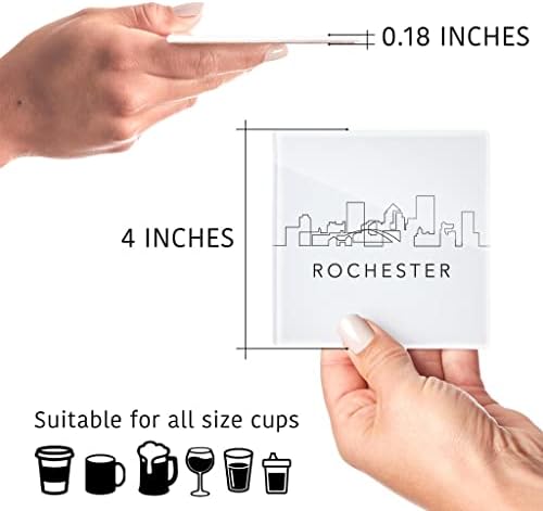 Minimalistički B&W New York Rochester Skyline, Joyride Home Decor, 4 staklo podmetači, 4-inčni trg podmetači za piće, Set 4, neklizajuće plute natrag, štiti površine, izraziti svoj stil.