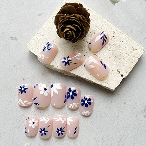 Flower Press na noktima kratki kvadratni lažni nokti ljetni lažni nokti s listovima dizajn Nude