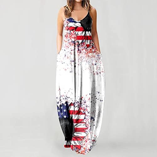 4. jula Maxi haljine za žene ljetna Ležerna boho haljina američka zastava Cami bez rukava s kravatom za kravatu-Dye Sundresses