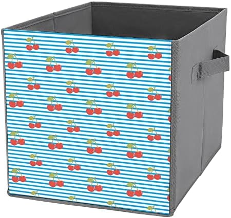 Trešnje uzorak sa plavim prugama kante za odlaganje kocke sklopivi organizatori tkanine sa ručkama torba