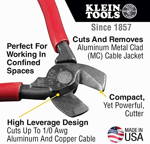 Klein Tools 63215 rezač kablova, kompaktan sa visokom polugom od 6,5 inča, kovan od američkog čelika, idealan za sečenje aluminijumskog i bakarnog kabla