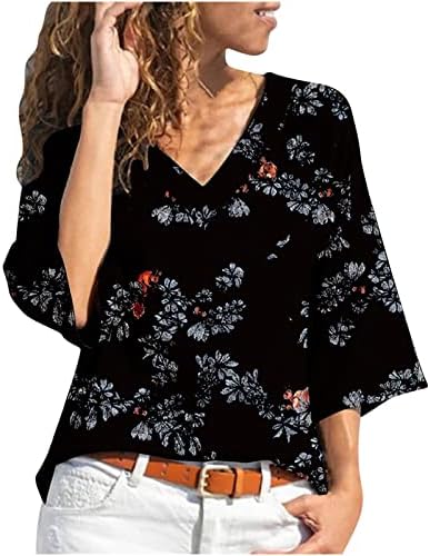 Najpopularnija majica za djevojke Ljeto jesen 3/4 rukava odjeća V izrez cvjetni grafički labavi fit opušteni