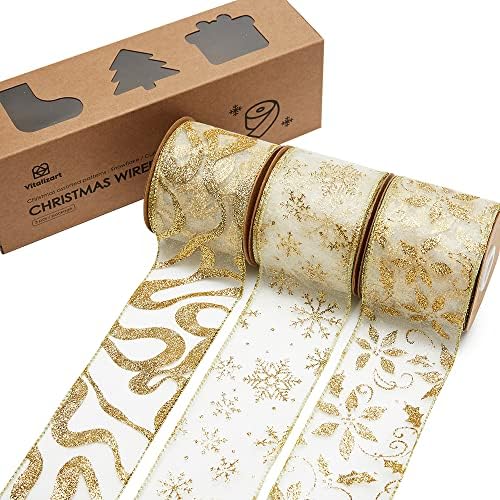 Vitalizator Božićna vrpca Gold Organza Čista vrpca 2,5 inča x 10 dvorišta Glitter SnowFlake za ukrašavanje drveća poklon zamotavanje zanata vijenac za venčane posude Pozivi mladeta