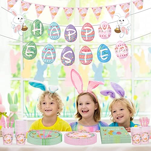 Easter ploče i salvete za jednokratnu upotrebu, Esater dekoracije uključuju 115 kom Uskrs Party jelo ,Uskrs potrepštine paket služi 16 gosti,uključuju 32 ploče,16Cups,salvete,viljuške,kašike,noževi,stolnjak, trouglasti Banner i Happy Easter Banner