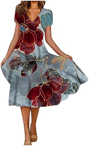 Plus veličine Ženska haljina kratkih rukava cvjetna casual v izrez Midi haljine dame dame flare swing a-line haljina za odmor