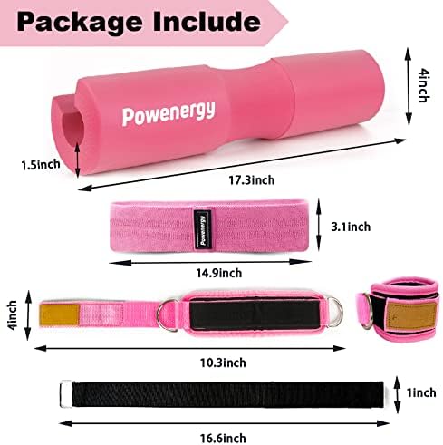 Powenergy Barbell Squat Pad Set, Olimpijski Barbell Pad za standardne sa 2 kukom & Loop trake i torba za nošenje, Foam Pad za dizanje tegova, Hip Thrusts, čučnjevi i iskoraci, Black Pink boja