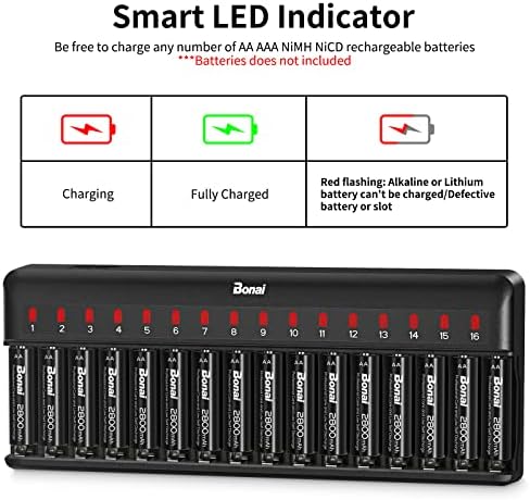 Bonai AA AAA baterija 16 zaljev za NiMH NiCD punjive baterije Nezavisna kontrola sa LED svjetlom i standardnim američkim utikačem za punjenje, baterija nije uključena - crna