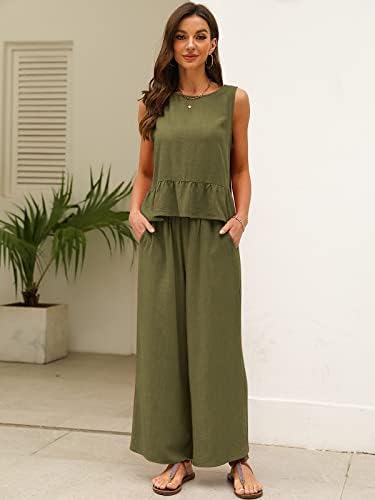 AUTOMET ženska ljetna odjeća od 2 komada posteljina Crop Tank Top Lounge Matching Sets & amp; duge pantalone trenerke sa džepovima