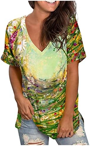 Ženska 2023. ljeto V izrez Loose Comfy Tees Modne majice Na vrhu Bluza Kratki rukav cvijet za