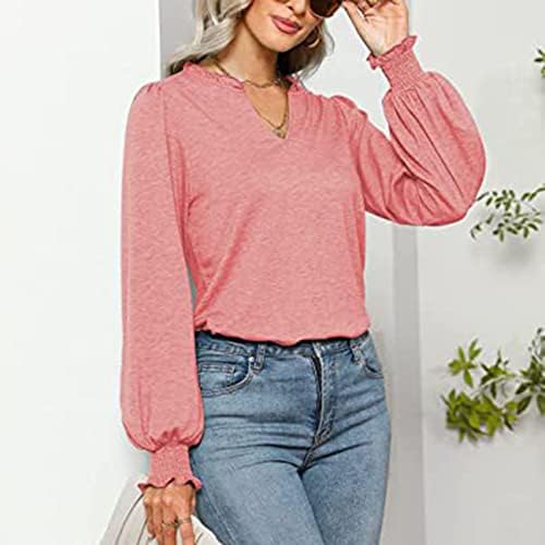 Puff Sleeves majice za žene Dressy Casual čvrste osnovne Tees Comfy meke naborane duge rukave Tee Shirt bluza pulover